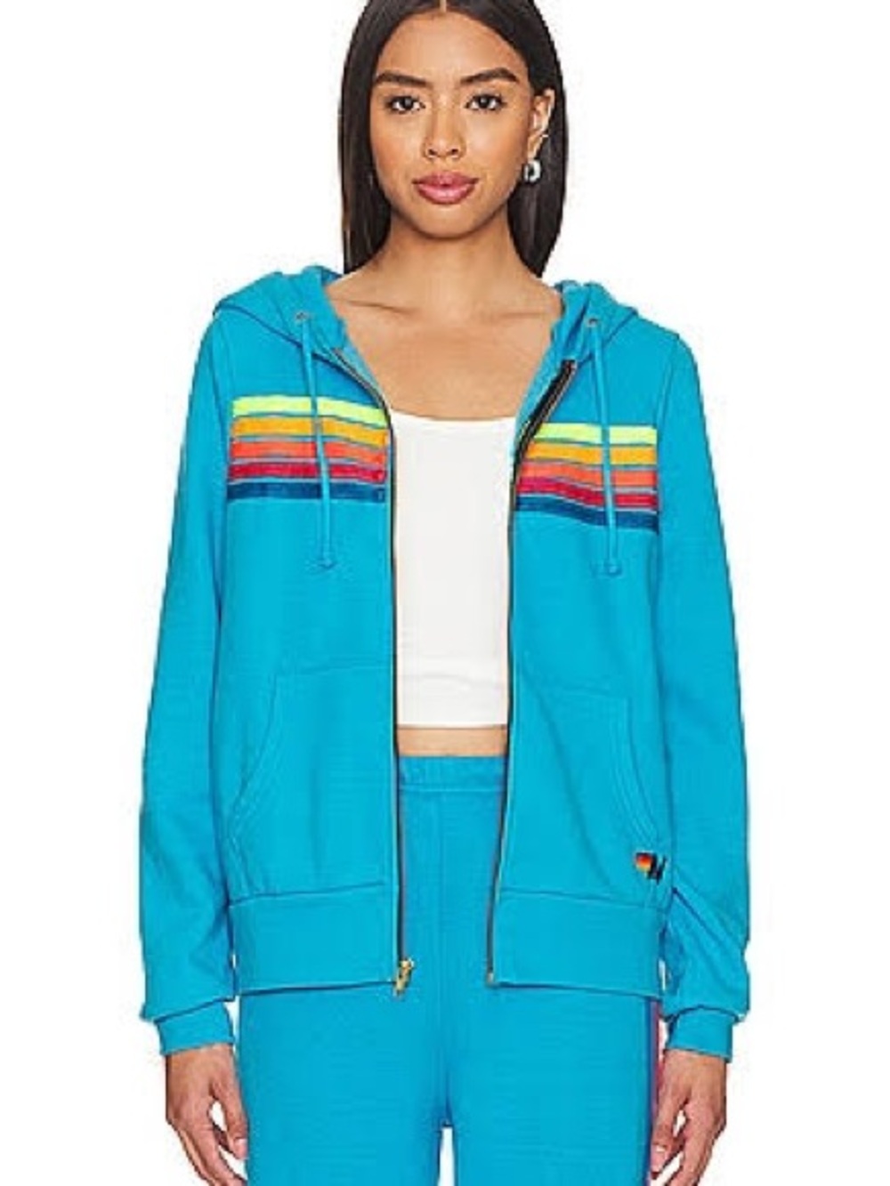 Aviator Nation Teal Zip Hoodie with Rainbow Chest Stripes